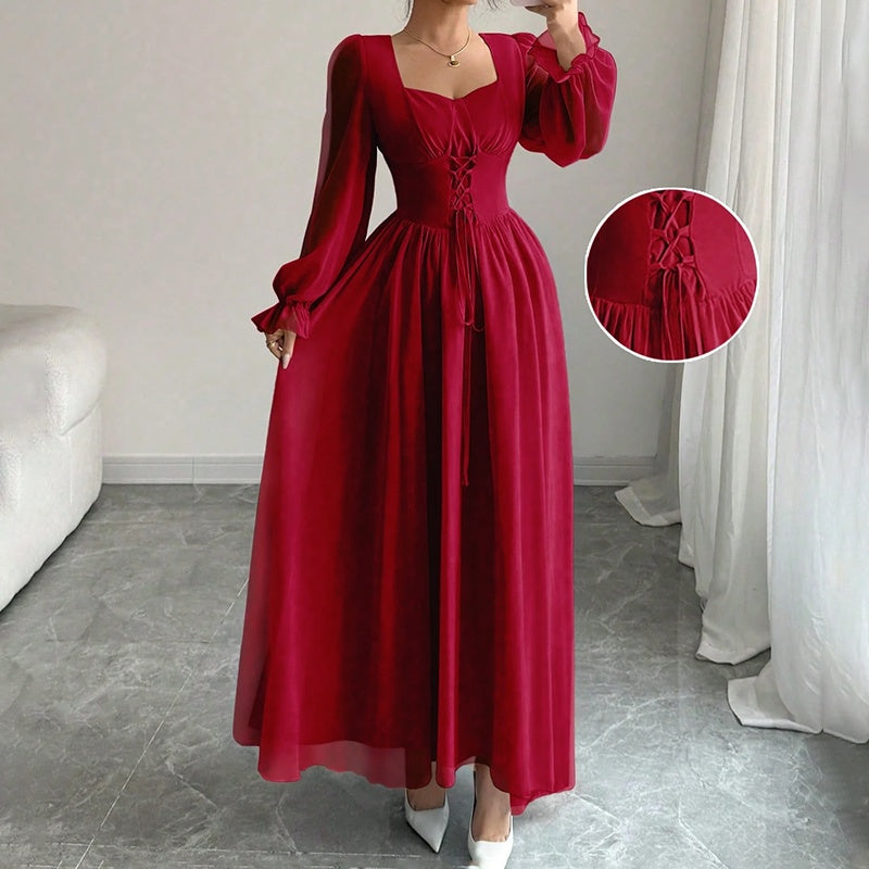 Square Neck Long Sleeve A-Line Maxi