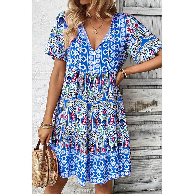 Drawstring V Neck Short Sleeve Floral Print