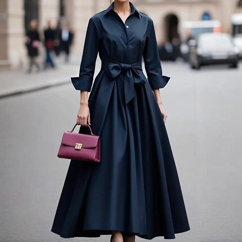 Button Down Midi Dress, Long Sleeve V-Neck Tie Waist