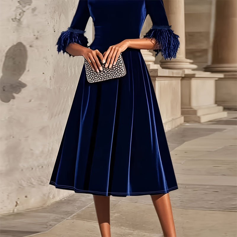 Velvet Feather Sleeve Dress, Round Neck