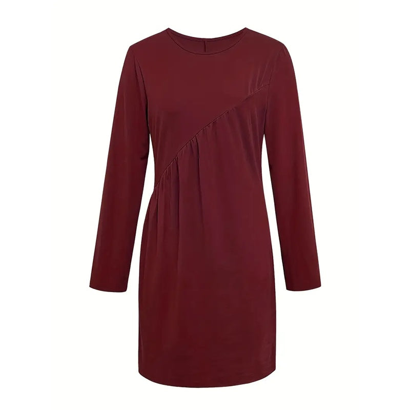 Elegant A-Line Dress With Pleated Detail, Solid Color Round Neck Office To Party Midi Dress