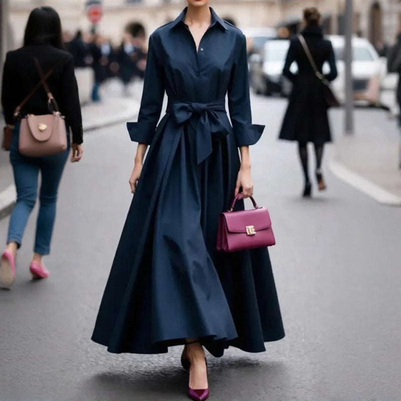 Button Down Midi Dress, Long Sleeve V-Neck Tie Waist