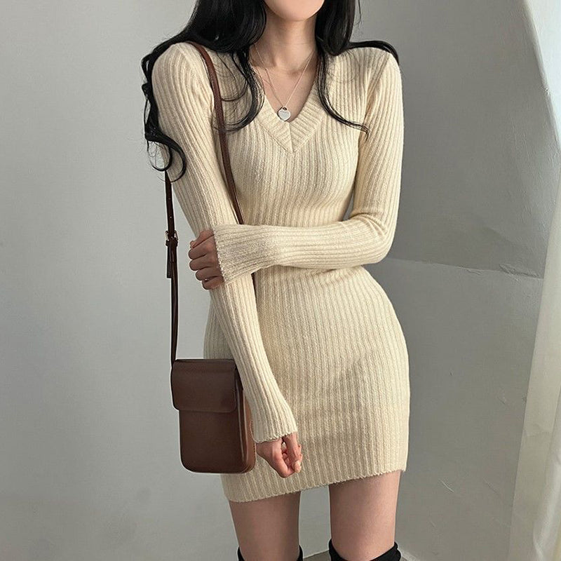 V-Neck Bodycon Mini Dress - Slim Fit Long Sleeve