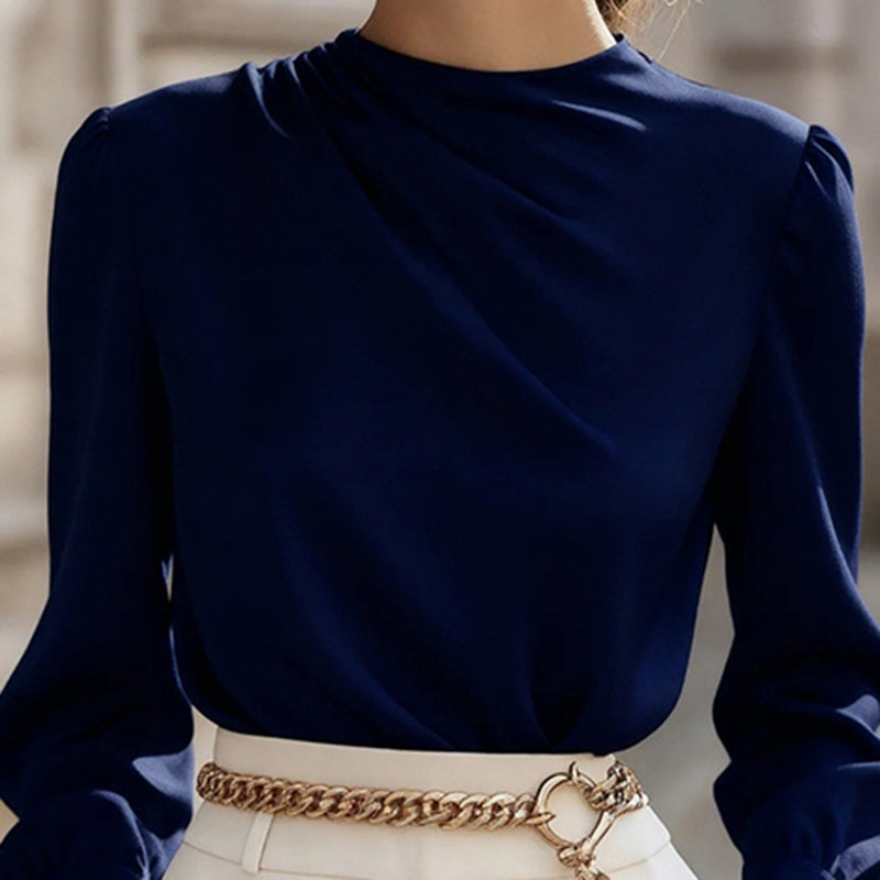 Pleated Long Sleeve Blouse, Round Neck