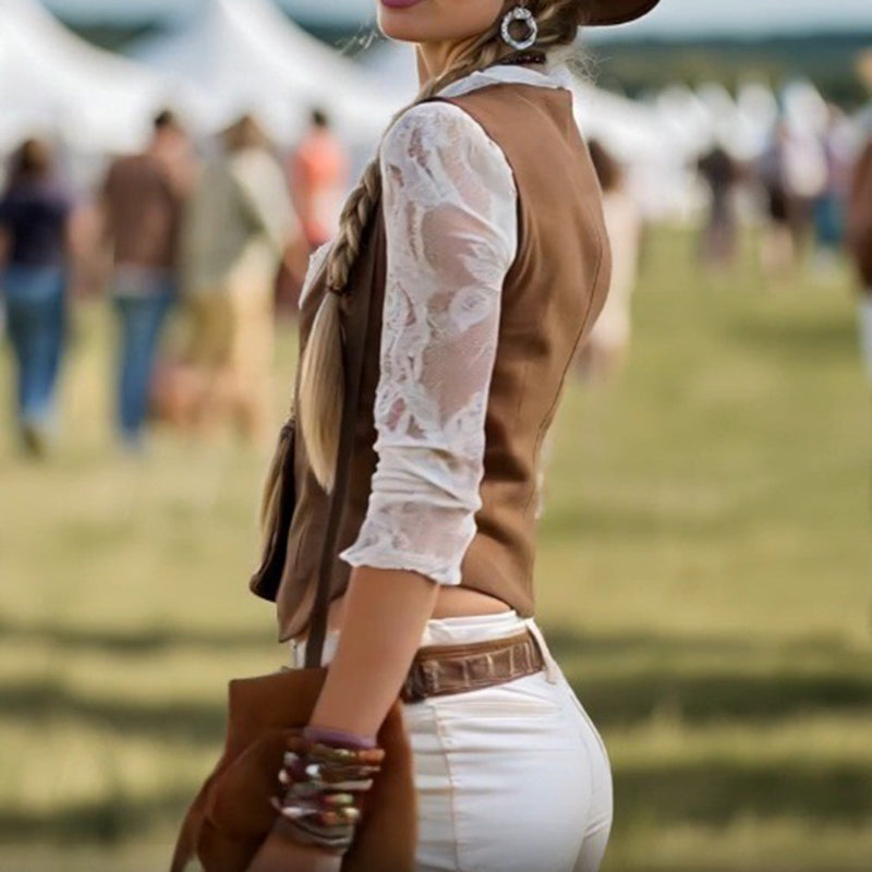 Elegant Lace Trim Mock Two-Piece Blouse, V-Neck Top With Lace Sleeve