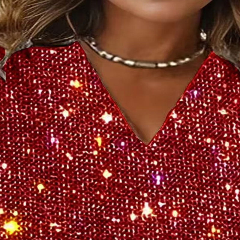 V-Neck Sparkle Top Long Sleeve Glitter Blouse