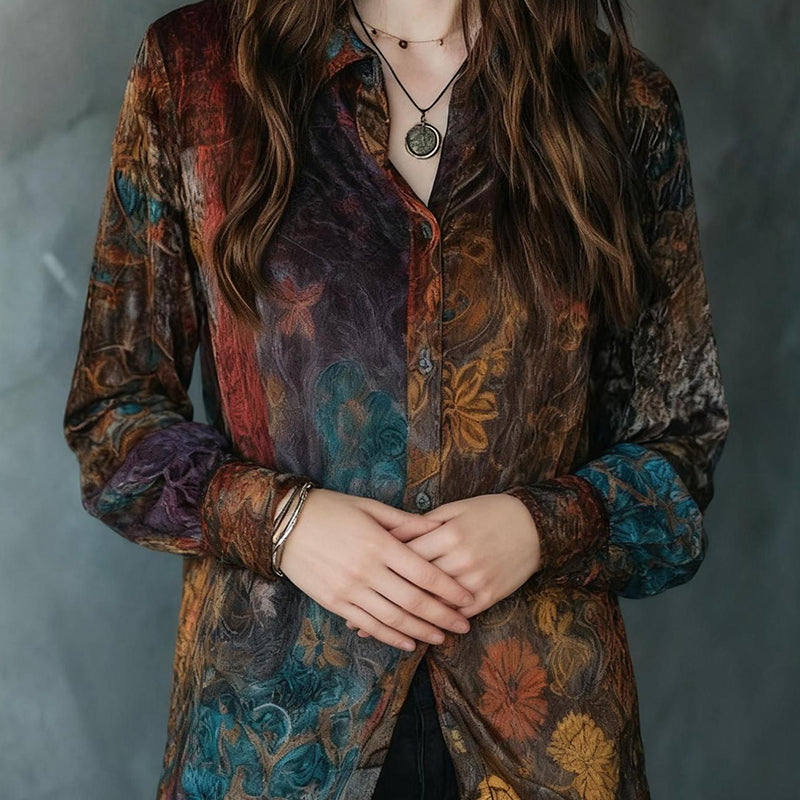 Retro Boho Floral Button Down Long Sleeve Blouse