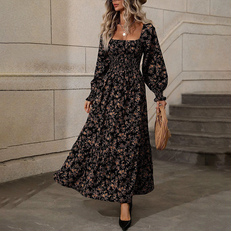 Square Neck Floral Dress Puff Sleeve Backless Maxi
