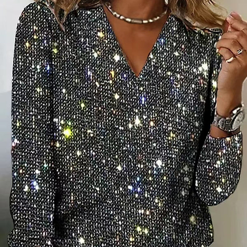 V-Neck Sparkle Top Long Sleeve Glitter Blouse