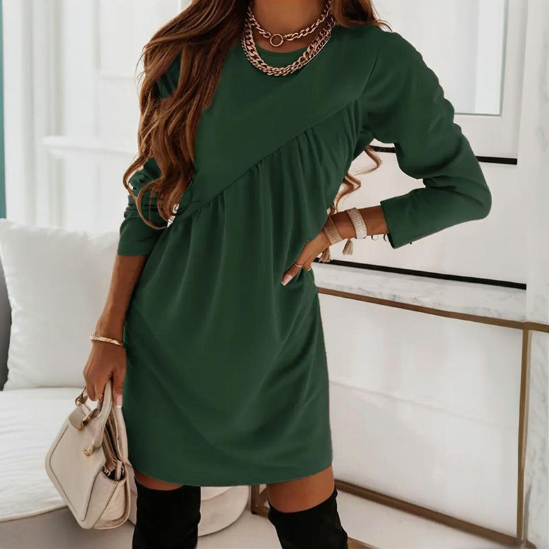 Elegant A-Line Dress With Pleated Detail, Solid Color Round Neck Office To Party Midi Dress