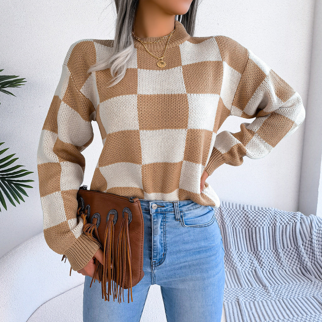 Checkered Crewneck Loose Pullover Top