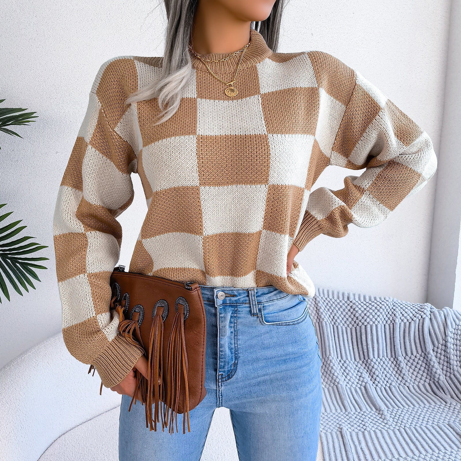 Checkered Crewneck Loose Pullover Top