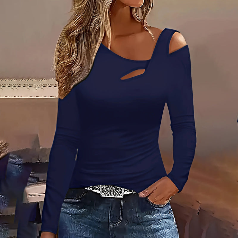 Cut Out Off Shoulder Top Long Sleeve Plain Tee