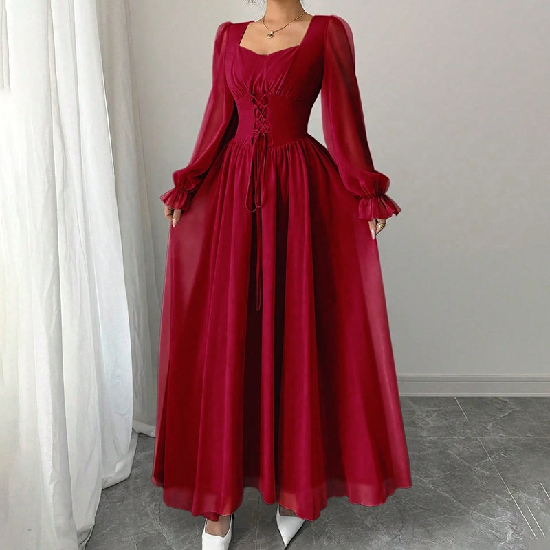 Square Neck Long Sleeve A-Line Maxi