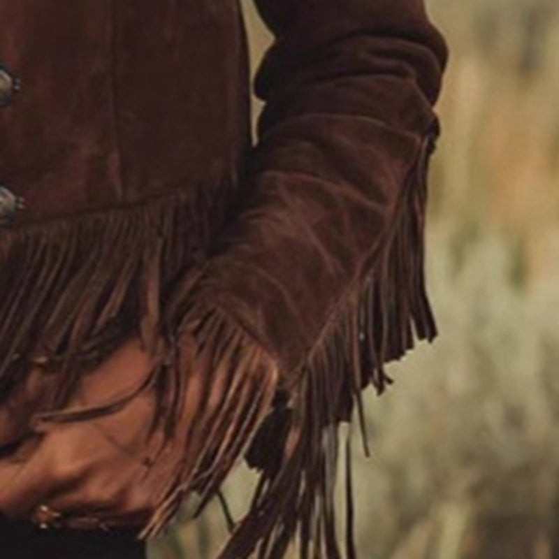 Fringe Suede-Look Long Sleeve Button Front Coat