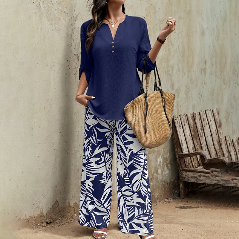 Long Sleeve Top & Leaf Print Pants Set - Solid V-Neck Blouse