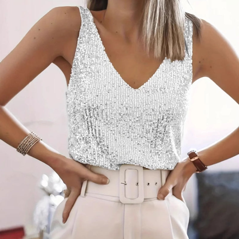 Sleeveless Top, V-Neck Sparkling Party Blouse