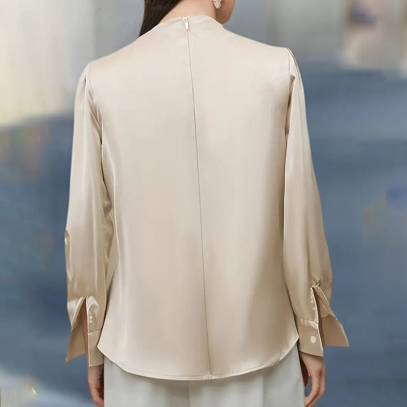 Pleated Long Sleeve Blouse, Round Neck