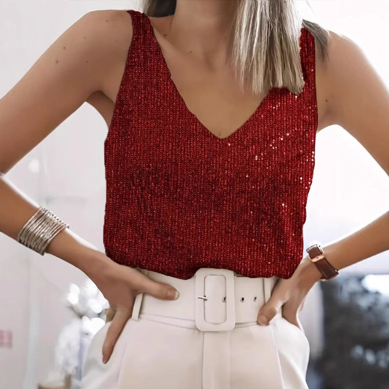 Sleeveless Top, V-Neck Sparkling Party Blouse