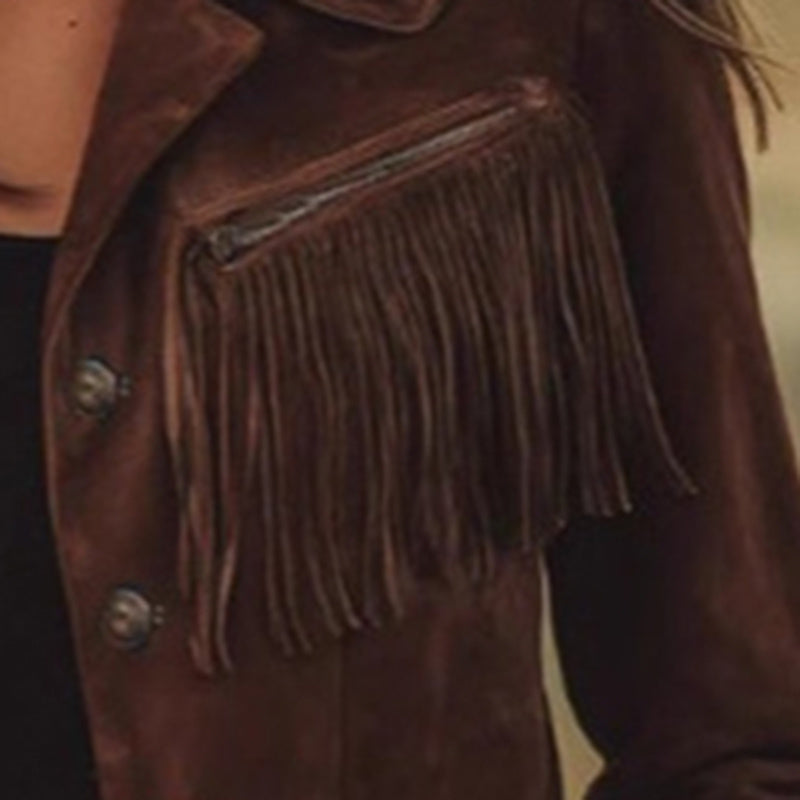 Fringe Suede-Look Long Sleeve Button Front Coat