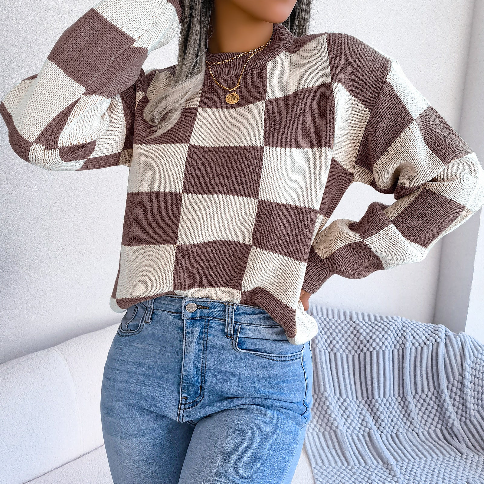 Checkered Crewneck Loose Pullover Top