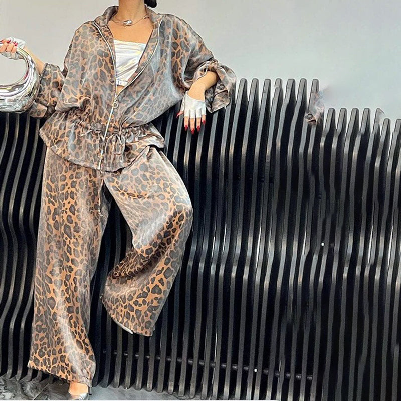 2-Piece Set, Drawstring Leopard Print Zip-Up Top & Wide Leg Pants