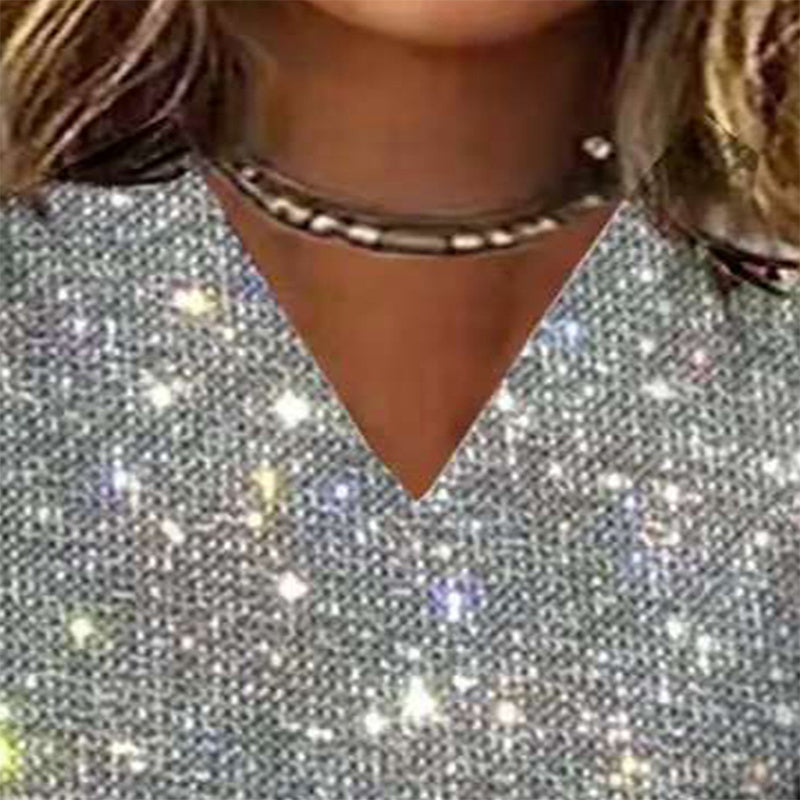 V-Neck Sparkle Top Long Sleeve Glitter Blouse