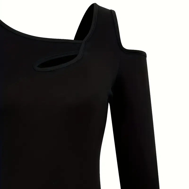 Cut Out Off Shoulder Top Long Sleeve Plain Tee