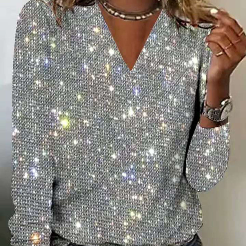 V-Neck Sparkle Top Long Sleeve Glitter Blouse