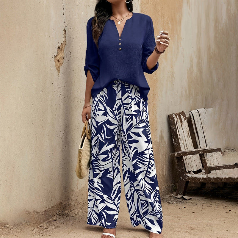 Long Sleeve Top & Leaf Print Pants Set - Solid V-Neck Blouse