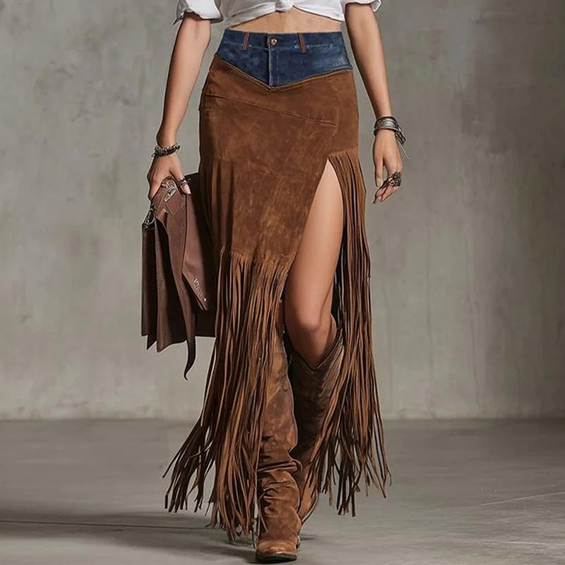 Patchwork Maxi Skirt With Fringe