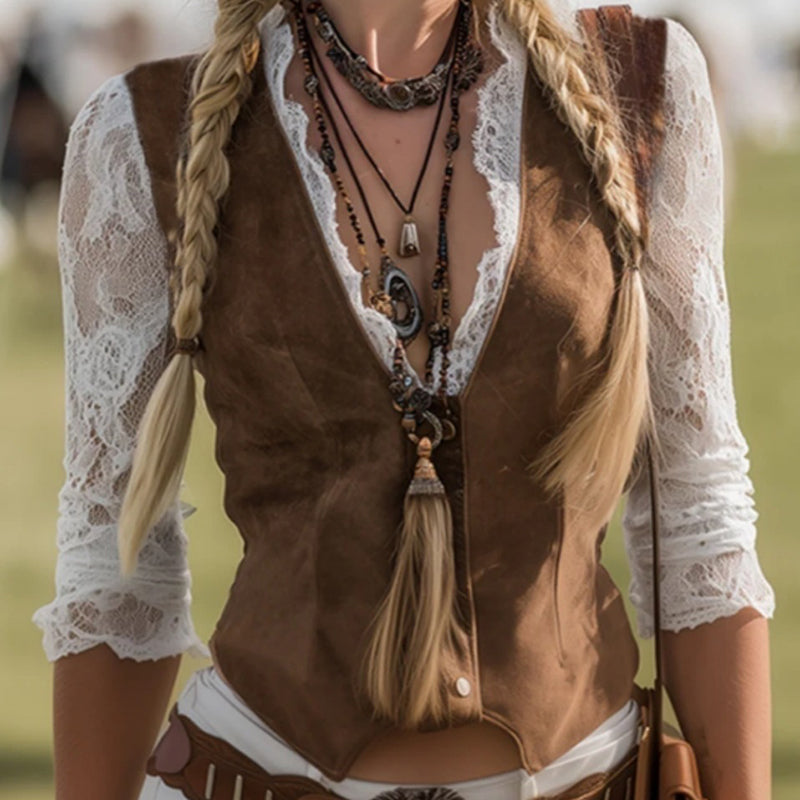 Elegant Lace Trim Mock Two-Piece Blouse, V-Neck Top With Lace Sleeve