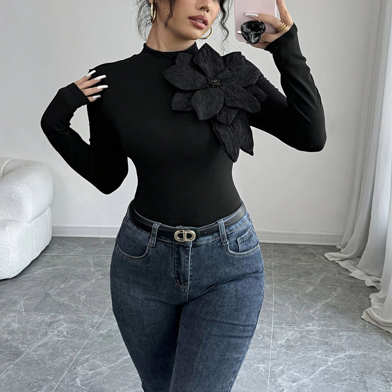Elegant Solid Color Knit Top, 3D Floral Rhinestone Decor High Neck Long Sleeve Blouse