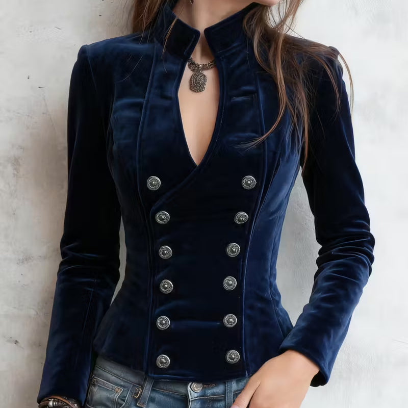 Solid Color Velvet Blazer, Double-Breasted V-Collar Long Sleeve