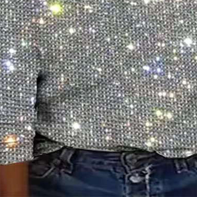 V-Neck Sparkle Top Long Sleeve Glitter Blouse