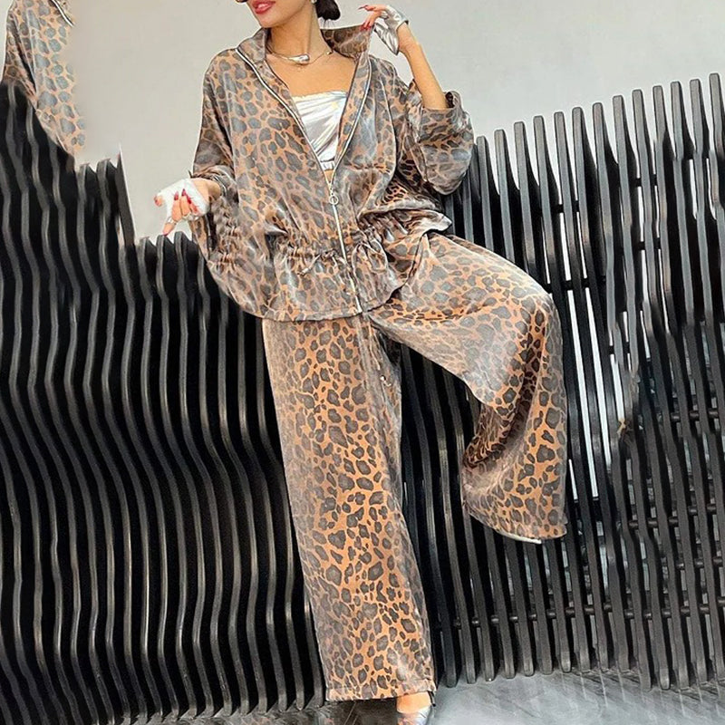 2-Piece Set, Drawstring Leopard Print Zip-Up Top & Wide Leg Pants