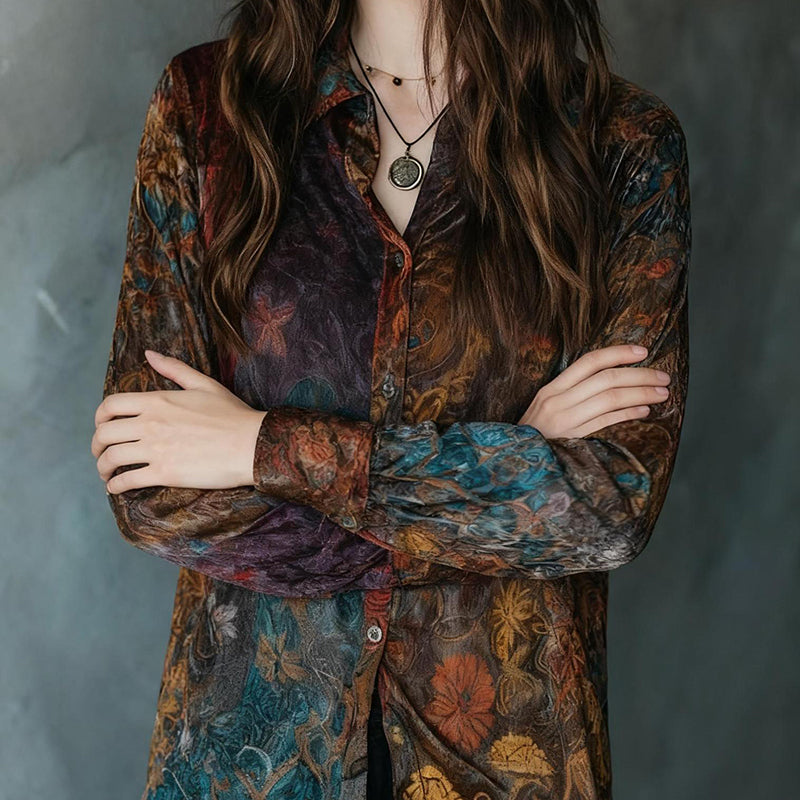 Retro Boho Floral Button Down Long Sleeve Blouse