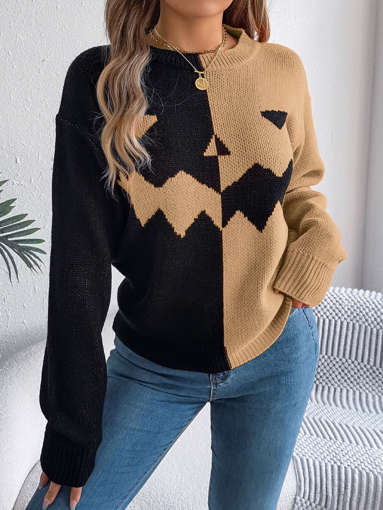 Fall And Winter Halloween Spooky Pumpkin Contrast Long Sleeve Pullover Sweater Women's Clothing