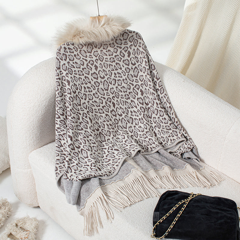 Leopard Poncho With Faux Fur Collar