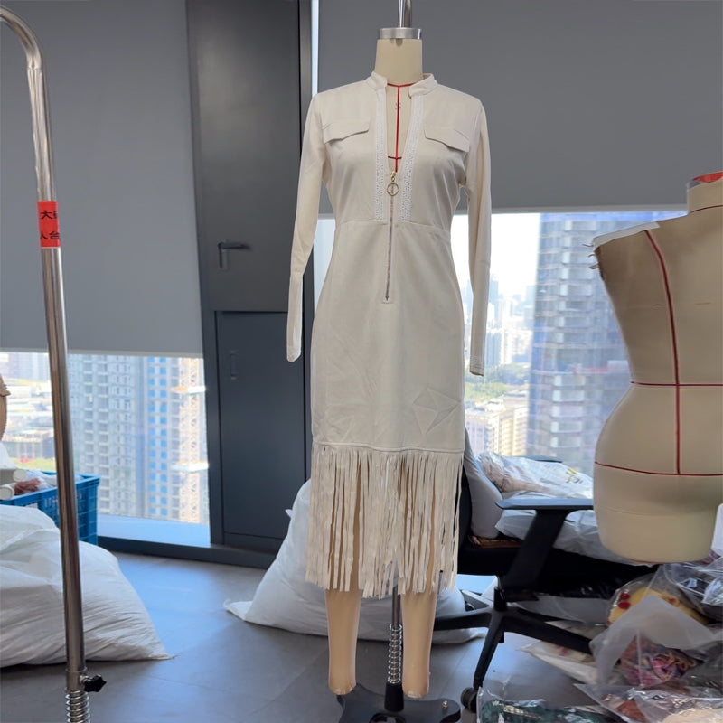 Solid Color Fringe Zip-Front Bodycon Dress, Bohemian Stand Collar Midi Dress With Side Slit