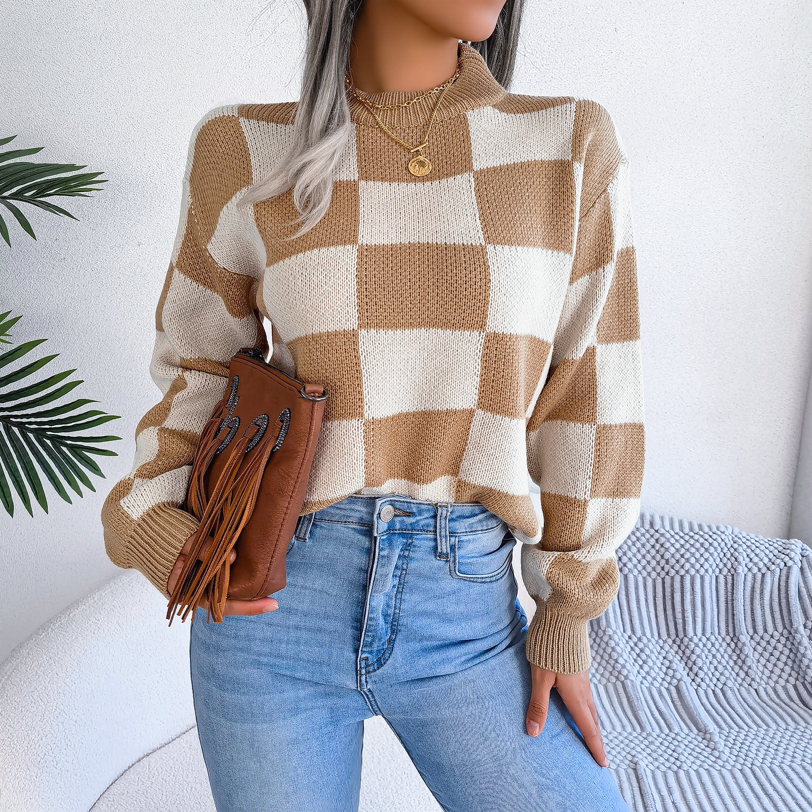 Checkered Crewneck Loose Pullover Top