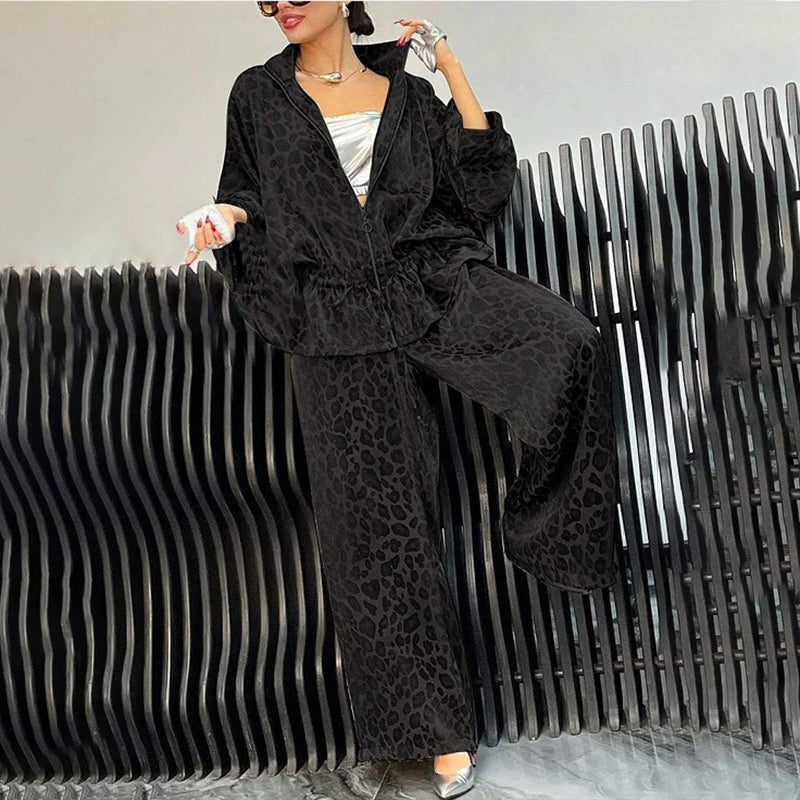 2-Piece Set, Drawstring Leopard Print Zip-Up Top & Wide Leg Pants