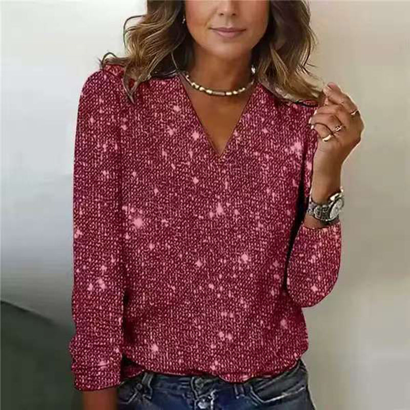 V-Neck Sparkle Top Long Sleeve Glitter Blouse
