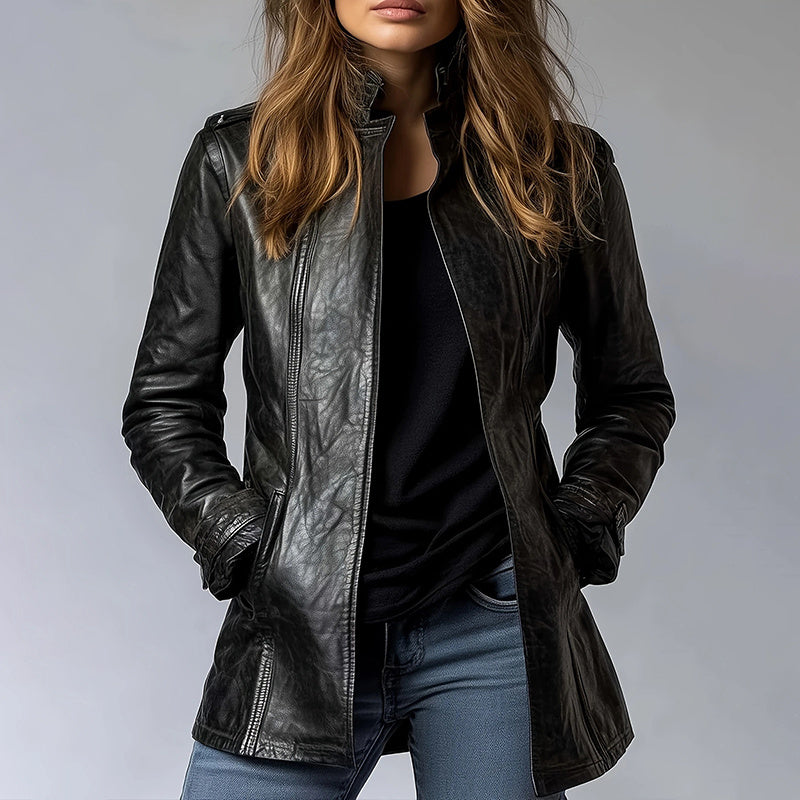 Mid-Length Open Cardigan Leather Coat