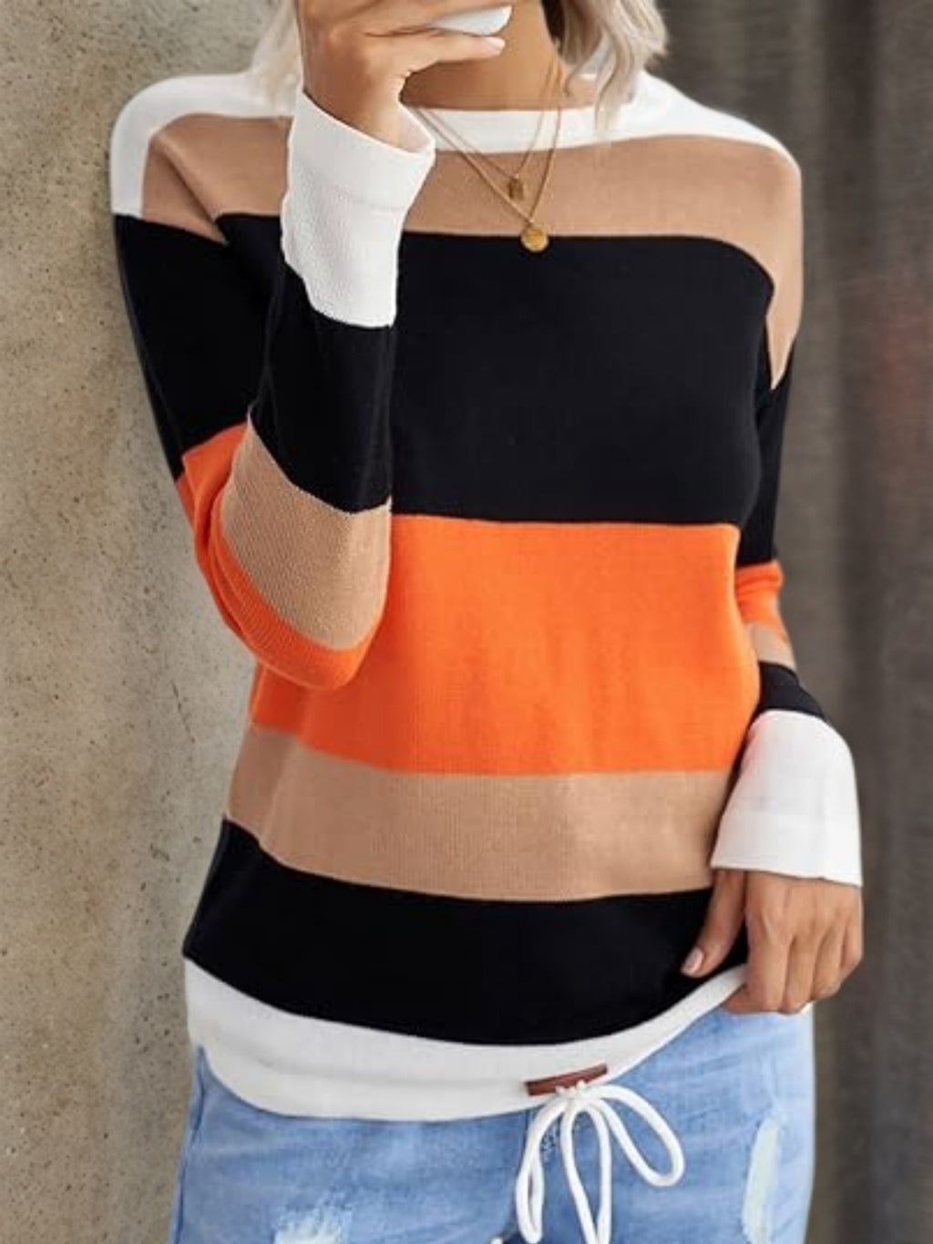 Round Neck Striped Hoodie Sweater