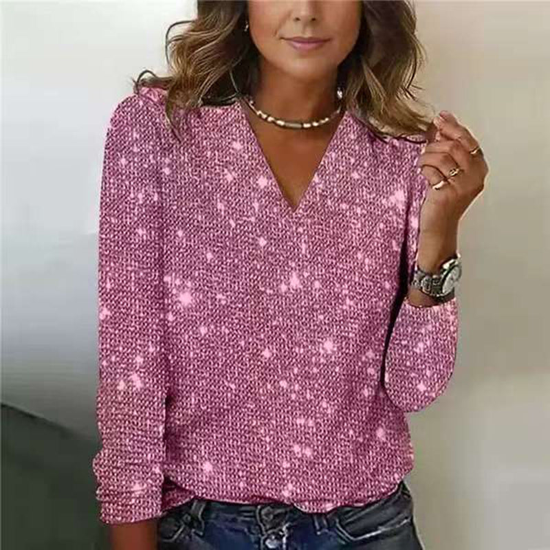V-Neck Sparkle Top Long Sleeve Glitter Blouse