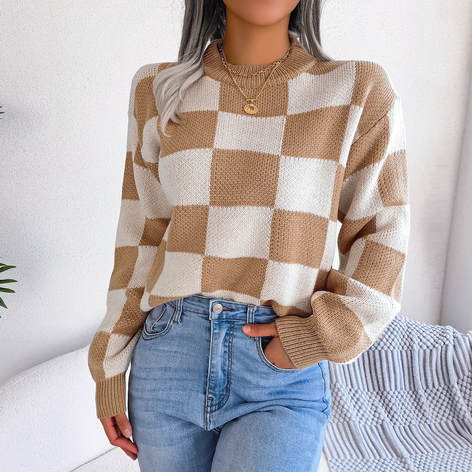 Checkered Crewneck Loose Pullover Top