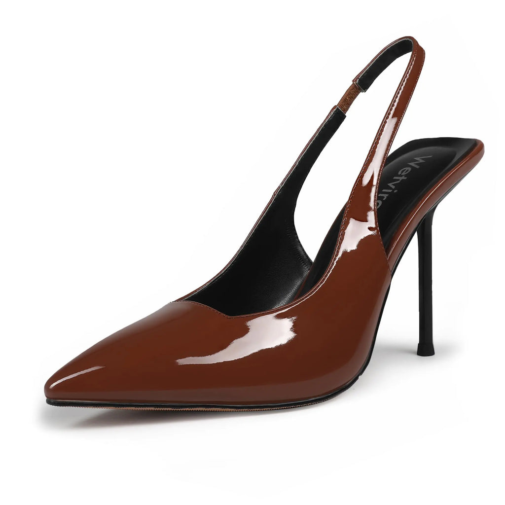 Pointed Toe Slingback Heels Brown Leather High Stiletto Heels